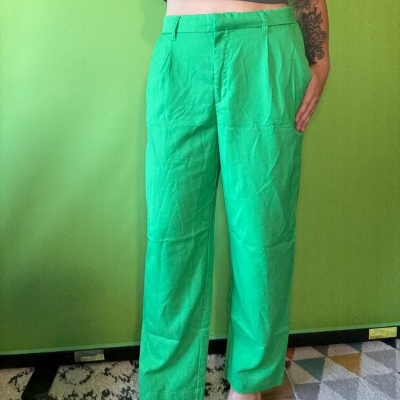 Green straight leg high-waisted pants trousers with stretchy waist band / H&M L - Picture 1 of 4